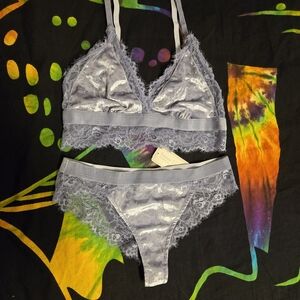 Forever 21 Velvet Lace Bralette and Panty Set - Silver